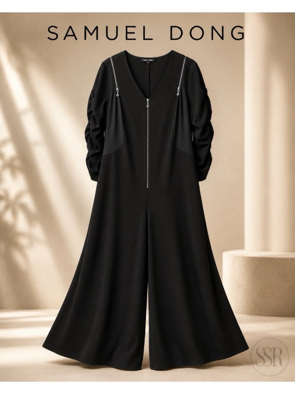 Samuel Dong Black Wide Leg Jumpsuit Asymmetrical Zip Ruched Sleeve Stretch Sz L